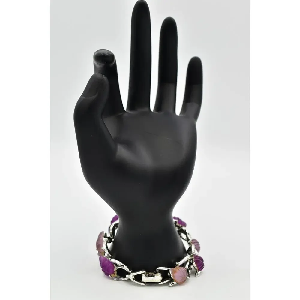 Star Vintage Choker Bracelet Purple Lucite Leaf Silver Chunky Signed 1940s BinAW